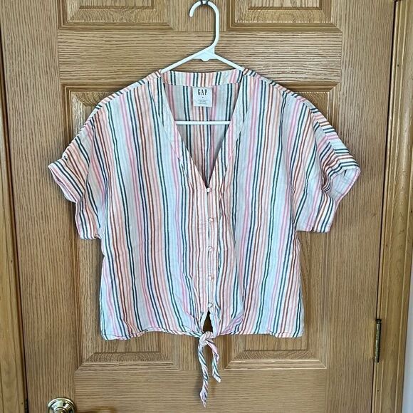 GAP Striped Tie Front Short Sleeve Top Medium - Picture 3 of 8